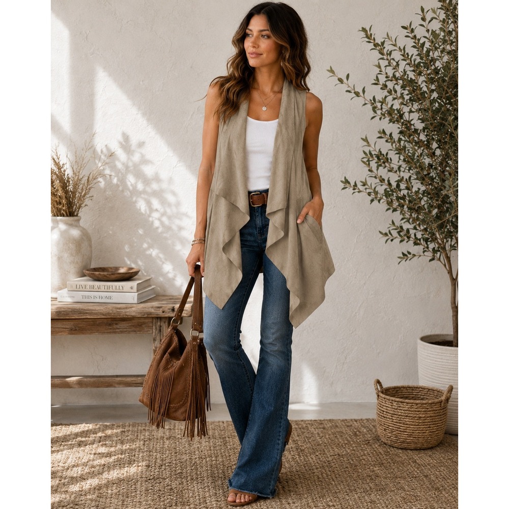 Seventy Two Changes Genuine Leather Suede Drape Vest Taupe Waterfall XS